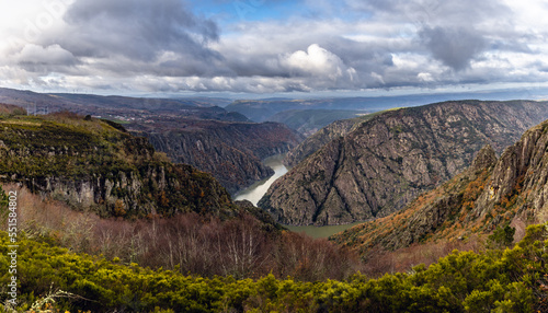 Cañon del Sil. Landscape view of the Canyon of Sil in Ribeira Sacra, well know area for it's terraced vineyards for Mencia wine. Ourense, Galicia, Spain photo