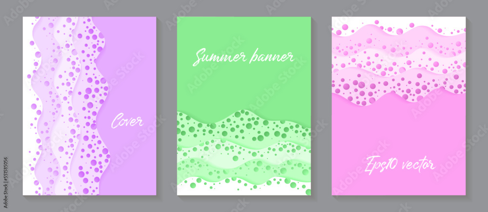 3D backgrounds with papercut shapes of sea waves with foam. Paper cutout brochure cover templates 3D backgrounds with papercut shapes of sea waves with foam. Paper cutout brochure cover templates