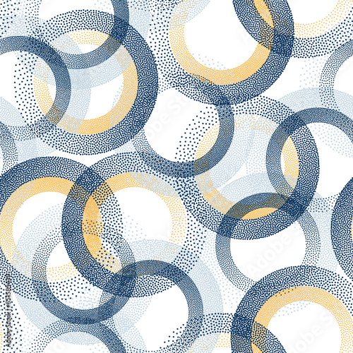 Circle ring shapes of dots contemporary vector seamless pattern.