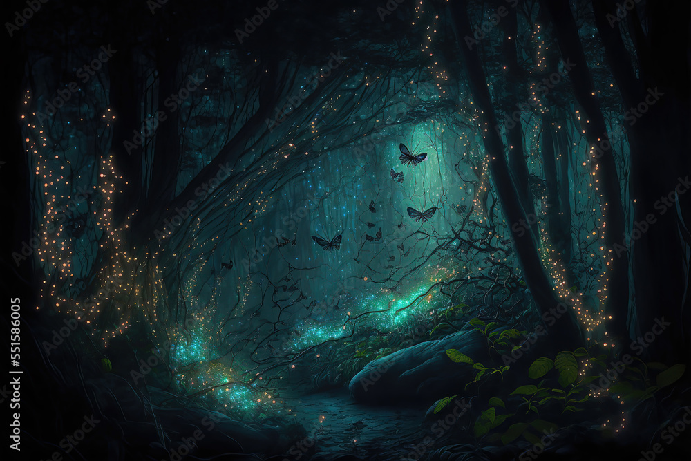 AI generated image of a magical mysterious forest lit by fireflies	
