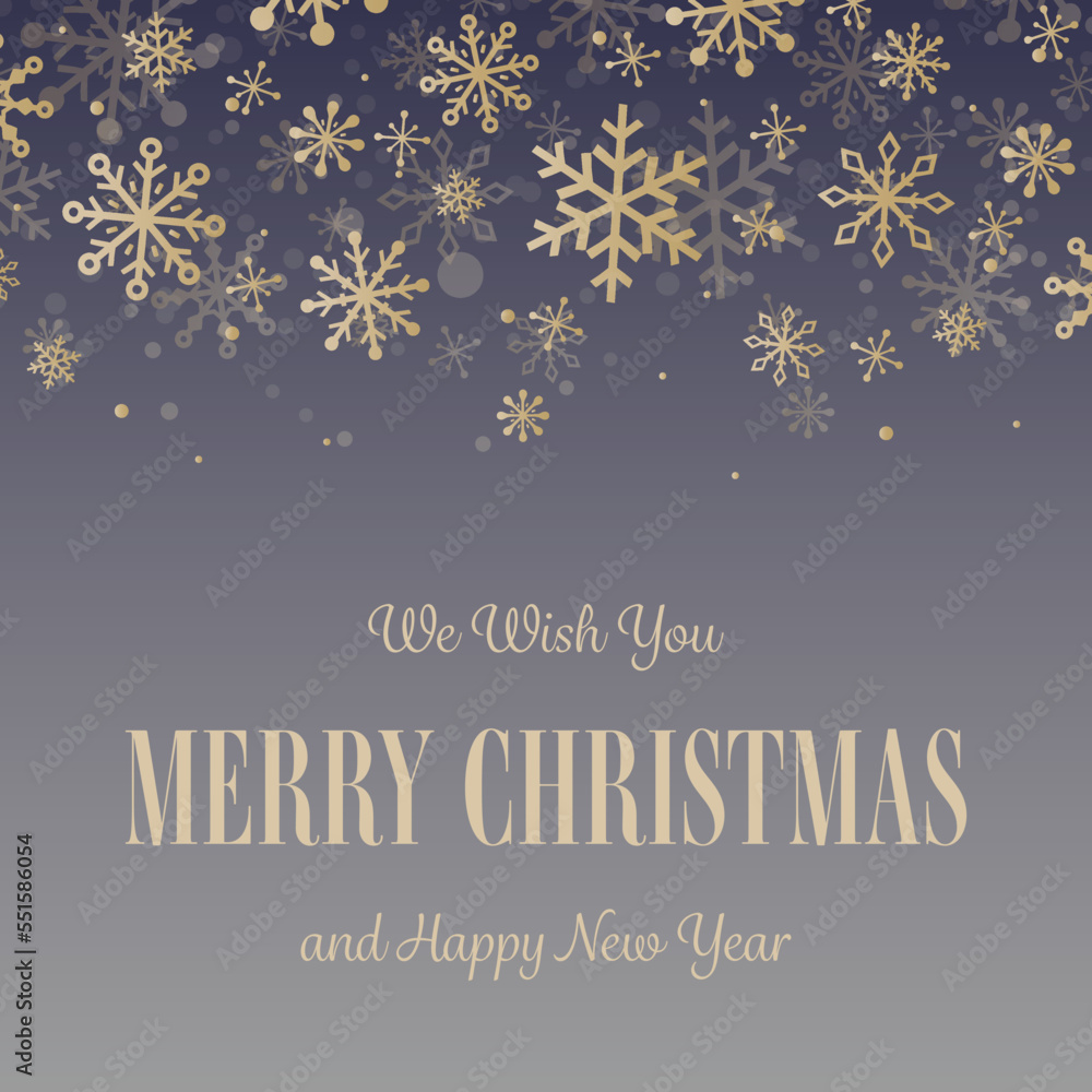 Christmas greeting card with golden snowflakes. Vector illustration