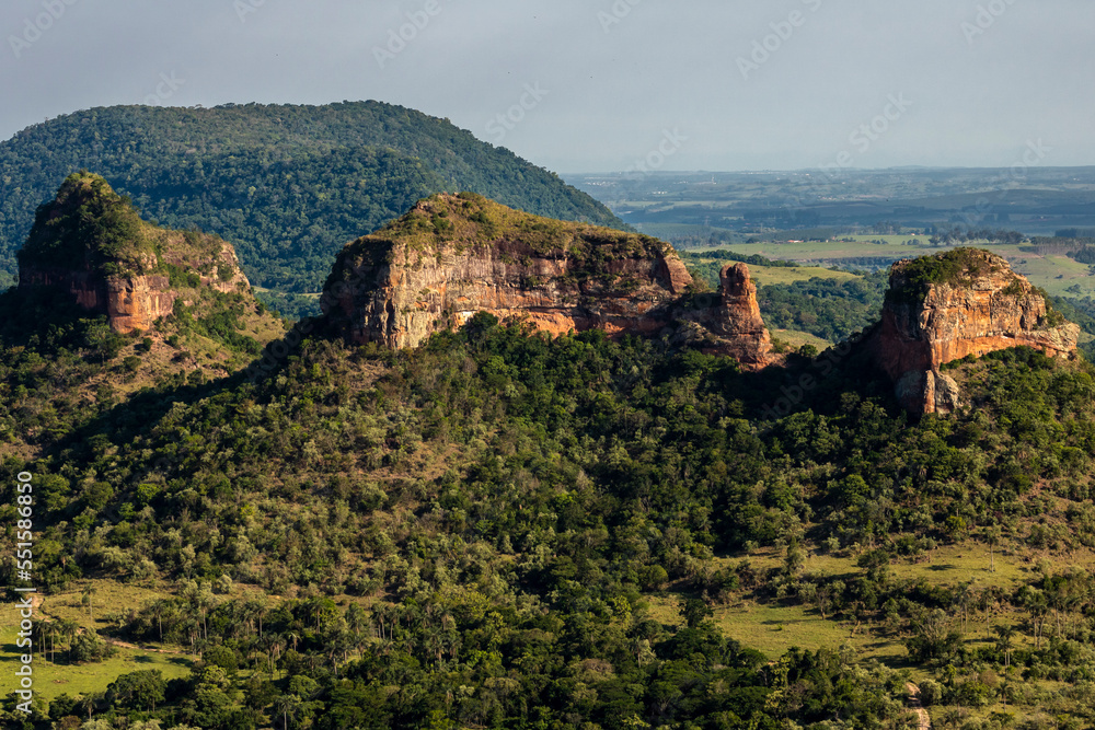 Panoramic view of Mount Three Stones from the Indian stone in the region of the cities of Botucatu, Bofete and Pardinho. Interior of the state of São Paulo. Brazil. Panoramic view of Mount Three Stones from the Indian stone in the region of the cities of Botucatu, Bofete and Pardinho. Interior of the state of São Paulo. Brazil.