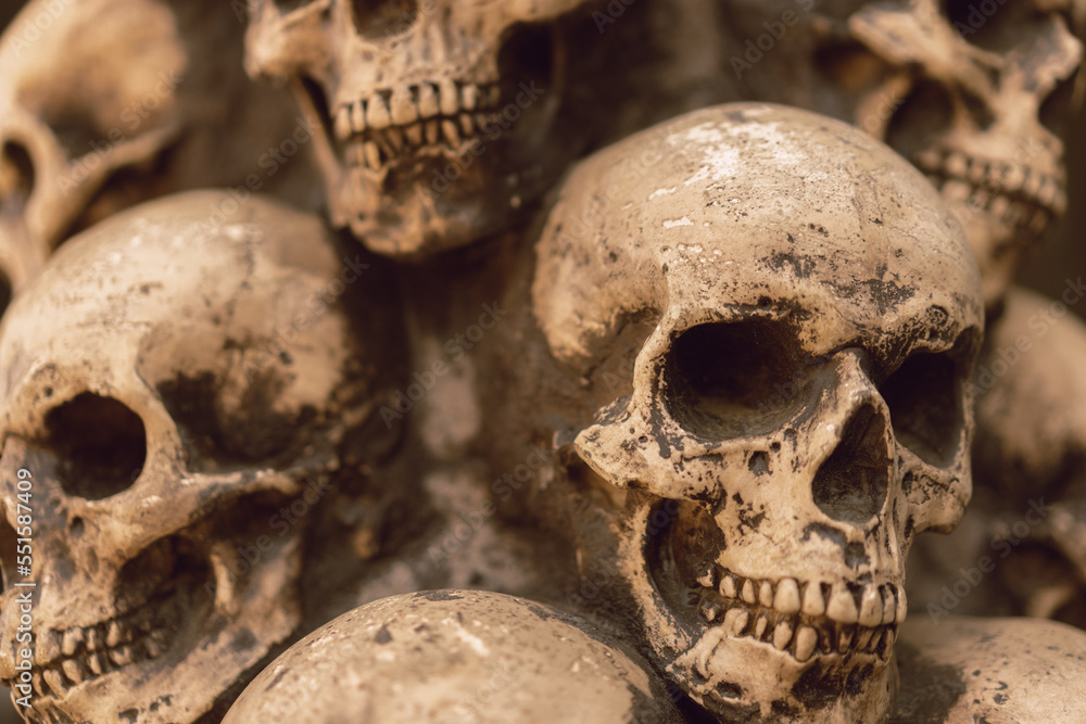 Skull Halloween Background Many People Skulls Stand on top of each other. Mystic creepy concept. Abstract nightmare occult memorial Skull Halloween Background Many People Skulls Stand on top of each other. Mystic creepy concept. Abstract nightmare occult memorial