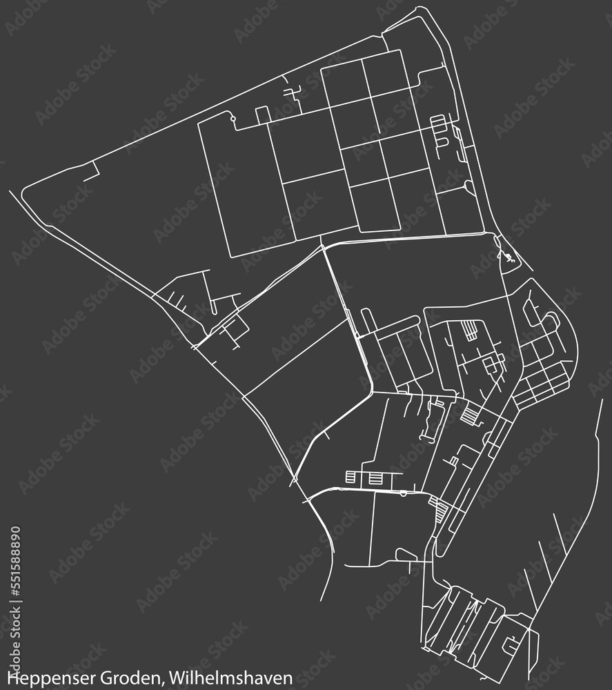 Detailed negative navigation white lines urban street roads map of the HEPPENSER GRODEN DISTRICT of the German town of WILHELMSHAVEN, Germany on dark gray background