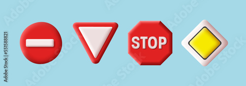Road signs 3d icon set with stop sign, main and secondary road and forbidden brick