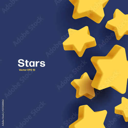 3d stars in the air, 3d render composition, yellow shapes on blue backdrop, holiday card