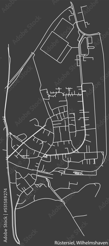 Detailed negative navigation white lines urban street roads map of the RÜSTERSIEL DISTRICT of the German town of WILHELMSHAVEN, Germany on dark gray background