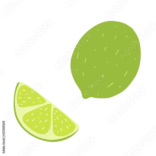 Whole and slice lime in cartoon flat style. Hand drawn vector illustration of green lemon, fresh healty food, citrus fruit icon