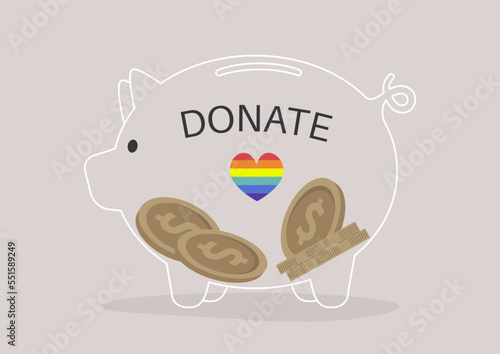 A piggy bank with a donate sign and a rainbow LGBTQ sticker, a community fundraising