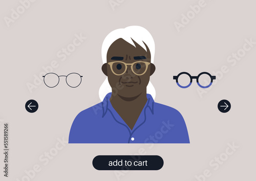 Virtual glasses try on tool, a senior female African character portrait wearing different frames