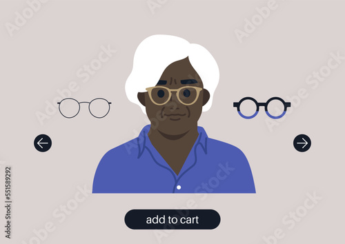 Virtual glasses try on tool, a senior female African character portrait wearing different frames