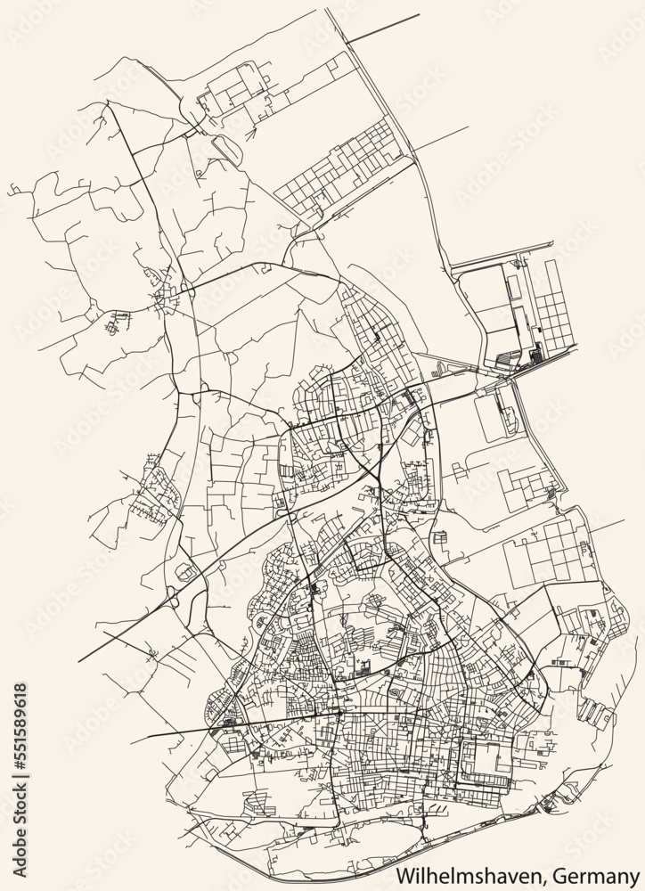 Detailed navigation black lines urban street roads map of the German town of WILHELMSHAVEN, GERMANY on vintage beige background