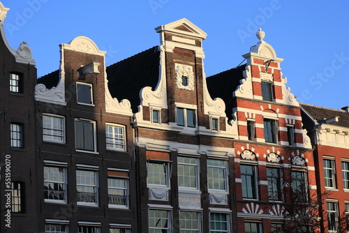 Amsterdam Oude Turfmarkt Street Historic House Facades Close Up, Netherlands