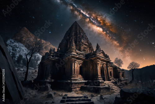 AI generated image of an old Hindu temple in the snow-covered Himalayas with the Milky way above