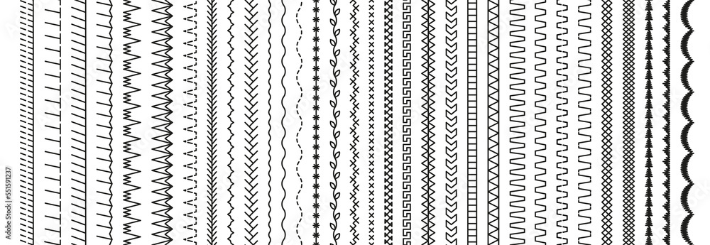Seamless pattern embroidery stitches. Overlock fabric elements. Sewing seams. Set of machine thread sew brushes. Outline border isolated on white background. Simple design. Vector illustration. Seamless pattern embroidery stitches. Overlock fabric elements. Sewing seams. Set of machine thread sew brushes. Outline border isolated on white background. Simple design. Vector illustration.