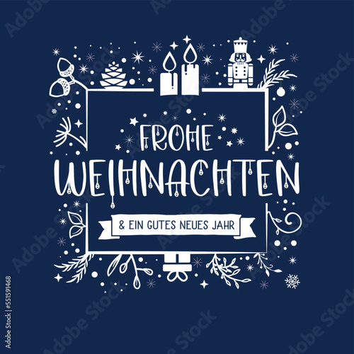 Frohe Weihnachten - Karte mit Weihnachtsdekoration und Kerzen auf blauem Hintergrund - deutscher Text