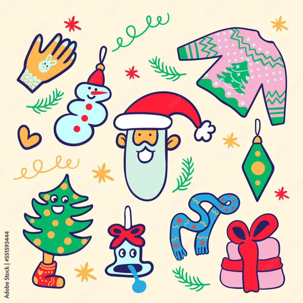 Fototapeta premium christmas set of cartoon elements in flat style vector