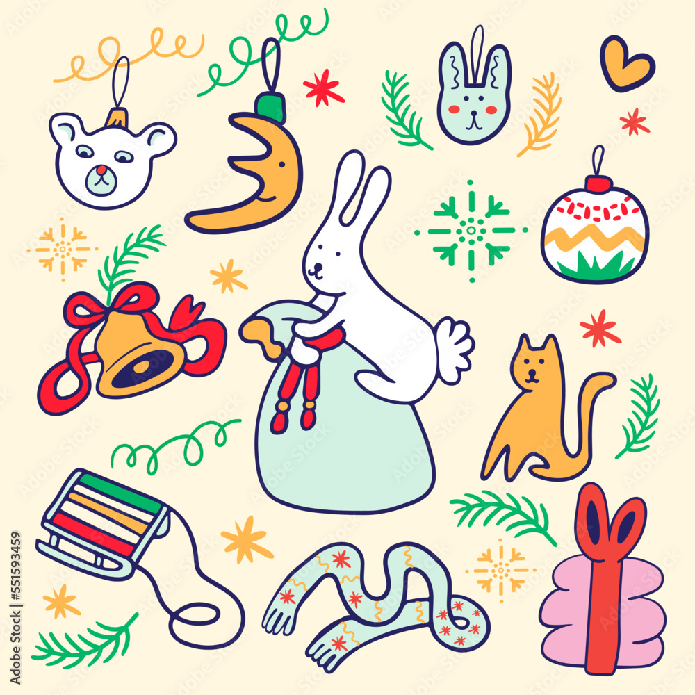 christmas set of cartoon elements in flat style vector christmas set of cartoon elements in flat style vector