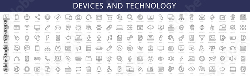 Device and Technology thin line icons set. Web icons. Devices, Computer, Smartphone, Tablet, Mail, Search, Tablet, Cloud, Media icon. Vector illustration
