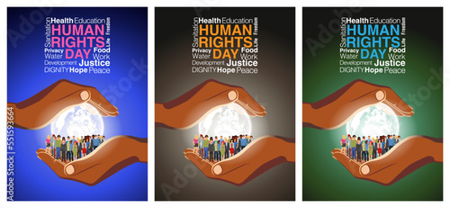 A set of world humans rights day vector abstract poster. Earth model and humans between two hands.