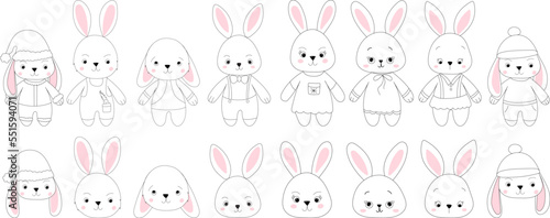 cute rabbits set sketch ,outline isolated vector