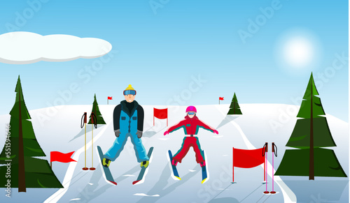 Adult coach child learns to ski. Forest and snow in the background. The concept of sports and exercise. Export graphic illustration