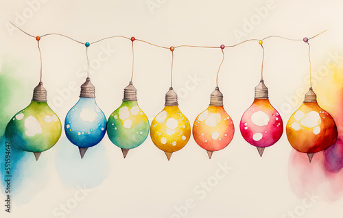 Colored light bulbs on a string, Christmas lights decoration, colorful, Christmas, illustration, digital