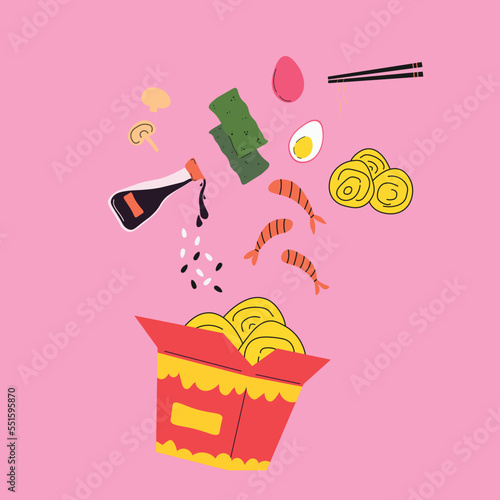 Asian food. Wok menu traditional Ingredients. Restaurant, cafe design element. Banner, flyer. Vector colorful Illustration in flat style. Noodles with traditional Ingredients in a box.