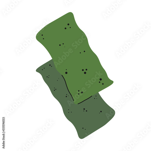 Dried nori seaweed sheets for ramen soup or sushi. Japanese food for vegans. An ingredient for Eastern cuisine. Healthy natural food. Vector illustration in cartoon style isolated on white background.