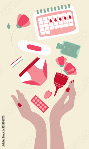 Menstrual set for menstruation control. Hands and feminine hygiene products. Menstruation concept. Feminine hygiene. Flat vector.