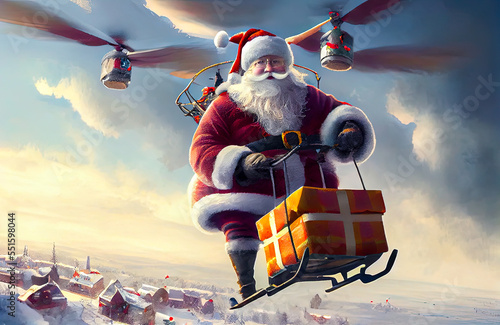 Santa Claus Flying on a drone to deliver Xmas gifts,  Express Delivery, Generative art © Color.co