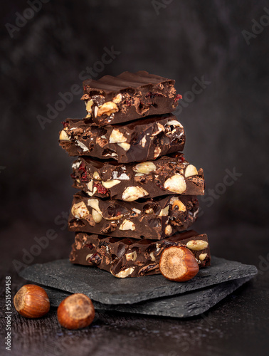 Macro food photography of black chocolate, hazelnut, nut, cinnamon, cranberries