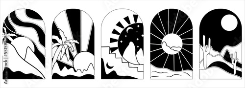 Black and white Sunrise in the Morning, with sea and palm trees. Set Minimal background. Vintage sunset, perfect for icon and symbols, poster, postcard, logo. Vector illustration