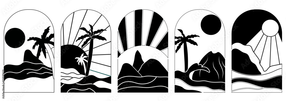 Fototapeta premium Black and white Sunrise in the Morning, with sea and palm trees. Set Minimal background. Vintage sunset, perfect for icon and symbols, poster, postcard, logo. Vector illustration
