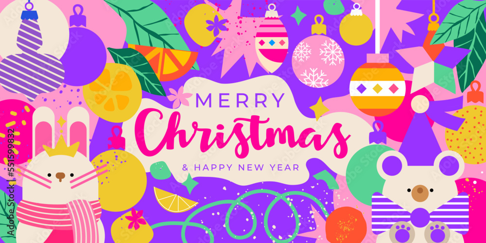 Christmas and New Year banner. Bright, children's, winter, with New Year's toys, tangerines, a cute bunny and a teddy bear. Perfect for advertising, invitations, postcards or social media. Christmas and New Year banner. Bright, children's, winter, with New Year's toys, tangerines, a cute bunny and a teddy bear. Perfect for advertising, invitations, postcards or social media.