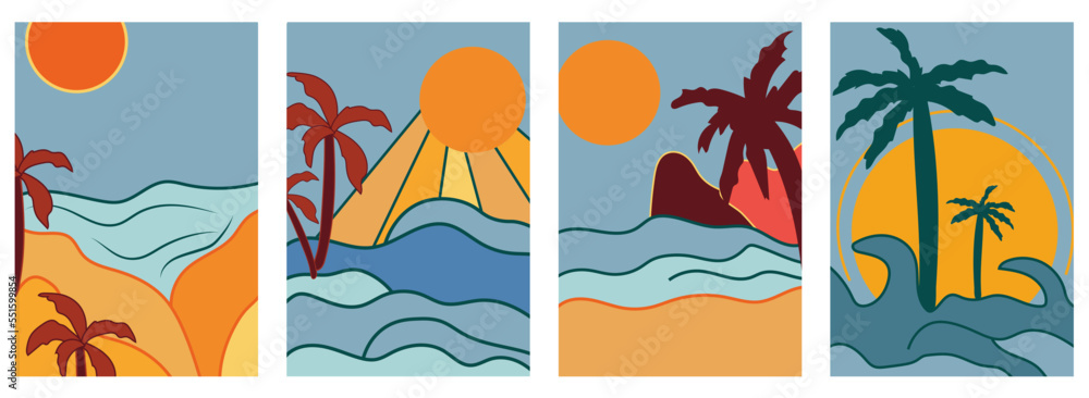Sunrise in the Morning, with sea and a palm trees. Set Minimal Background. Vintage sunset, perfect for icon and symbols, poster, postcard, logo. Vector illustration
