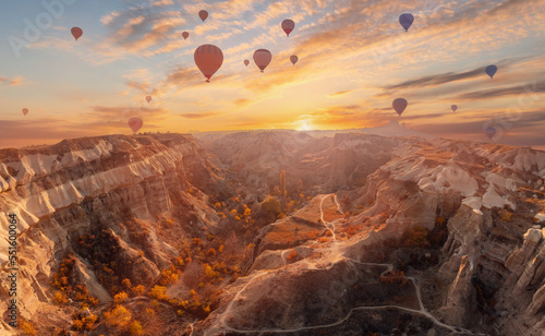 Beautiful sunset landscape autumn with hot air balloons in Cappadocia  Turkey valley from aerial view