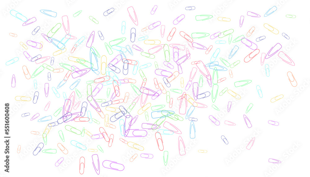Paper clips are scattered on a white background. Decorative element. Background for design, school and office supplies Paper clips are scattered on a white background. Decorative element. Background for design, school and office supplies