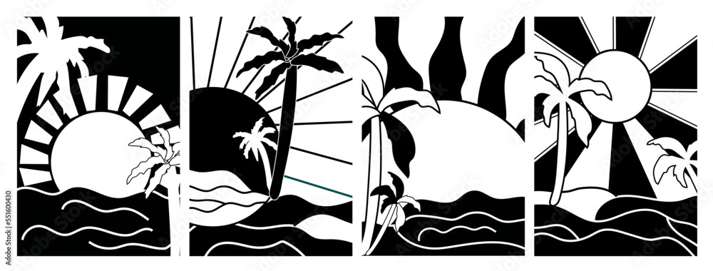 Black and white background sunrise in the morning. Minimal poster with with sea and palm trees. Vintage sunset, perfect for icon and symbols, poster, postcard, logo. Vector illustration