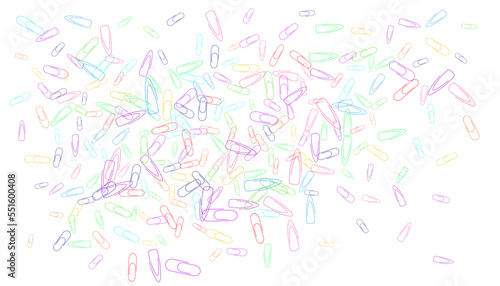 Paper clips are scattered on a white background. Decorative element. Background for design, school and office supplies