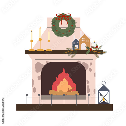 Home fireplace, with festive decoration, Christmas wreath. Festive fire, hearth in a stone fireplace with grate, festive Christmas tree, decoration. Flat vector illustration isolated 