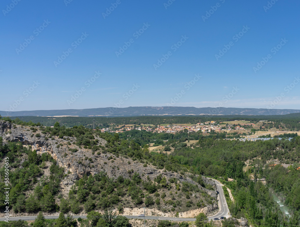 Panoramic view from the viewpoint of Ventano del Diablo, mountains, trees and lots of countryside. Cuenca (Spain)