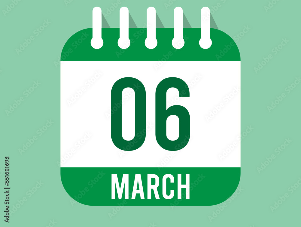 6 March day calendar icon. Calendar page in green color for the days of