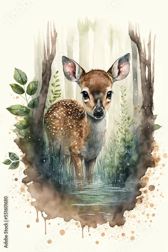 Obraz Akwarela, mała sarenka w lesie, wygenerowane przez sztuczną inteligencję