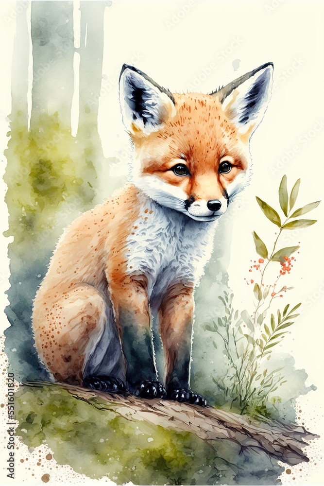 Obraz premium Watercolor of the red fox in the forest, generative AI