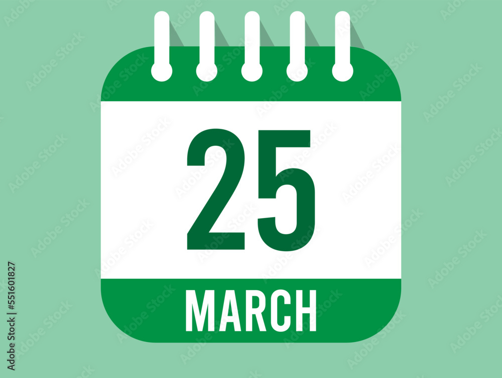 25 March day calendar icon. Calendar page in green color for the days of March. Month design for appointments and anniversaries 25 March day calendar icon. Calendar page in green color for the days of March. Month design for appointments and anniversaries