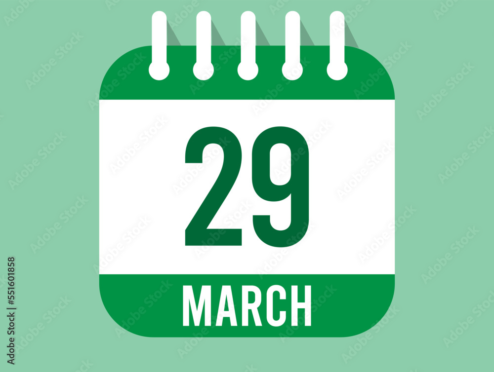 29 March day calendar icon. Calendar page in green color for the days of March. Month design for appointments and anniversaries 29 March day calendar icon. Calendar page in green color for the days of March. Month design for appointments and anniversaries