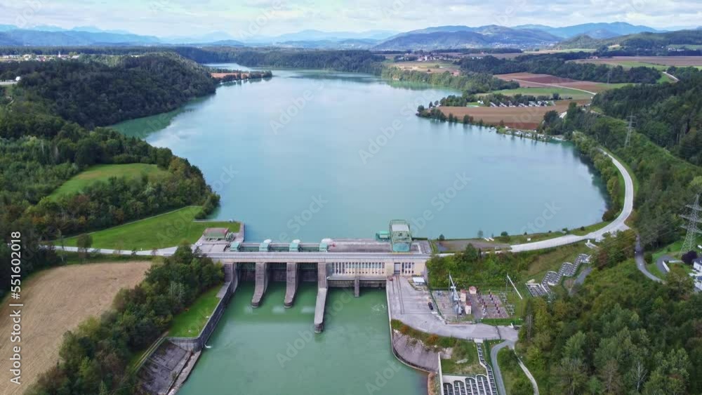 Aerial view of the water power plant Edling at the river Drau
Aerial view of the water power plant Edling at the river Drau