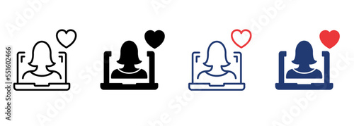Online Help Icon Set. Computer Psychologist Support and Therapy Online with Heart Pictogram. Virtual Woman Operator Icon. Donate Concept. Editable Stroke. Isolated Vector Illustration