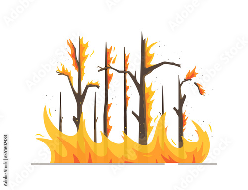 Vector illustration of wildfire. Tree disaster. Wildfire wildfire burn. Natural disaster. Emergency situation. Wildfire theme. 